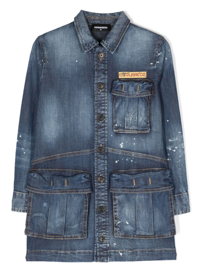 Dsquared2 Kids' D2d329b Dress Dsquared Shaded Dark Blue Denim Chemisier Dress With Abrasions And Stains