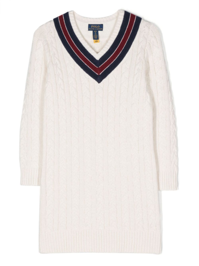 Ralph Lauren Kids' Cable-knit Wool Dress In Bianco