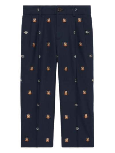 Gucci Kids' Double G-logo Straight-leg Trousers In Blue