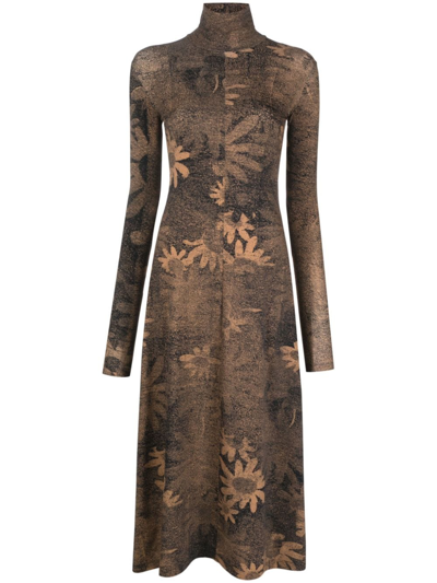 Mm6 Maison Margiela Floral-print Midi Dress In 001s Tan/black