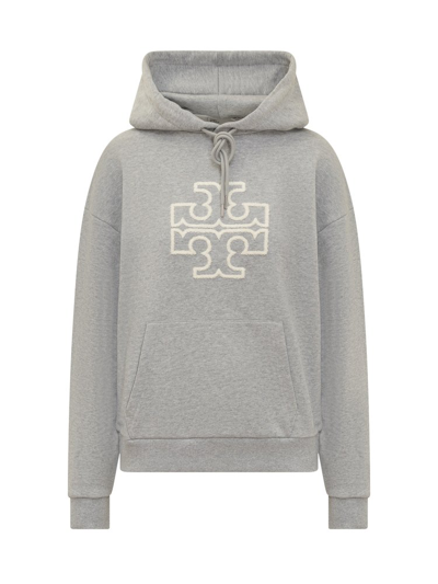 Tory Burch Double T Logo Patch Drawstring Hoodie In Grey
