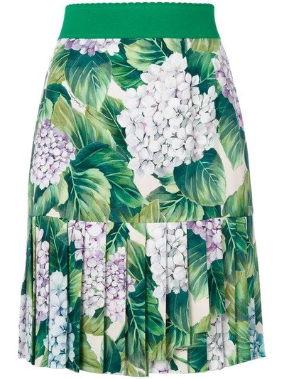 Dolce & Gabbana Pleated Hydrangea-print Skirt, Green Pattern In Multicolour