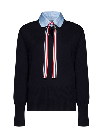 Thom Browne Jersey Stitch Ribbon Tie Ribbed In Blue