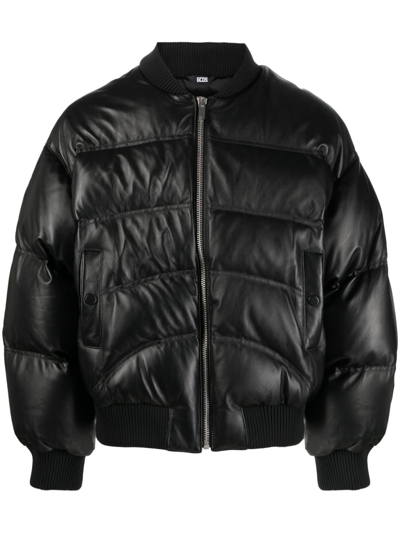 Gcds Puffer Leather Jacket In Black