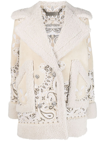 Philipp Plein Embroidered-paisley Shearling Coat In Neutrals