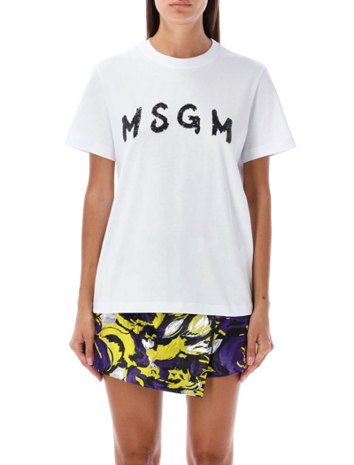 Msgm Sequin Logo-detail Cotton T-shirt In White