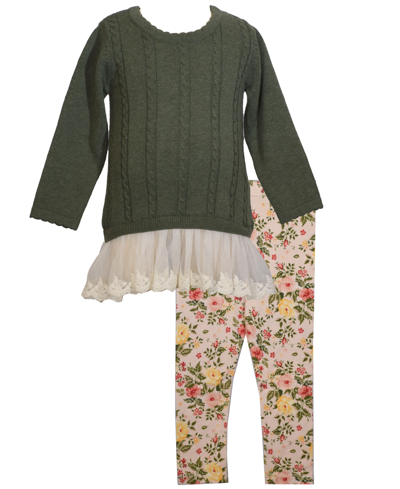 Bonnie Baby Baby Girls Long Sleeves Sweater Dress With Lace Flounce Cotton Span Leggings In Green