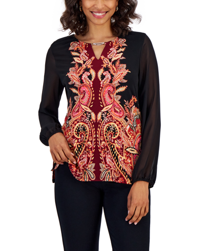 Jm Collection Plus Size Printed Chiffon-sleeve Embellished-neck Top, Created For Macy's In Deep Black Combo