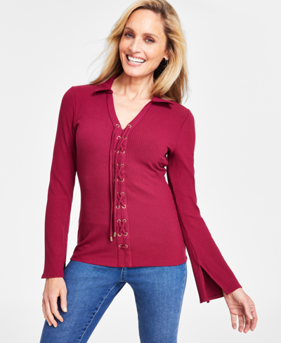 Inc International Concepts Women's Ribbed Lace-up Top, Created For Macy's In Plum Tart
