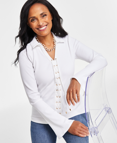 Inc International Concepts Women's Ribbed Lace-up Top, Created For Macy's In Bright White