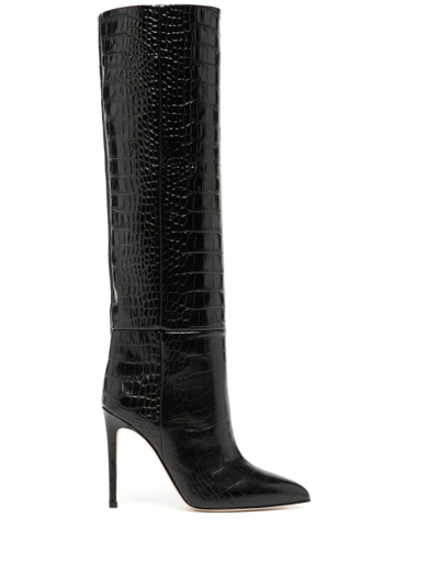 Paris Texas Arrow Toe Stiletto Boots In Black Leather In Animal Print