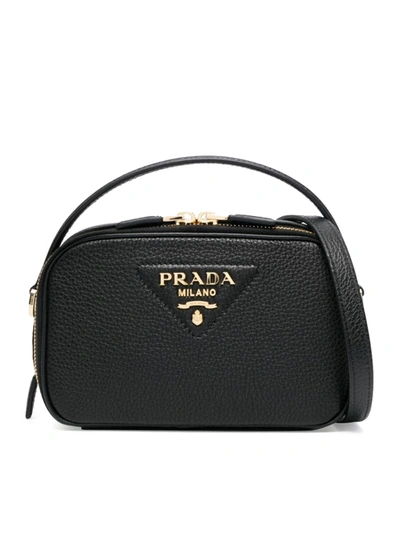 Prada Triangle-logo Leather Tote Bag In Black