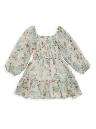 Flowers By Zoe Girl's Floral Tiered Dress In Pink Blue Floral Chif