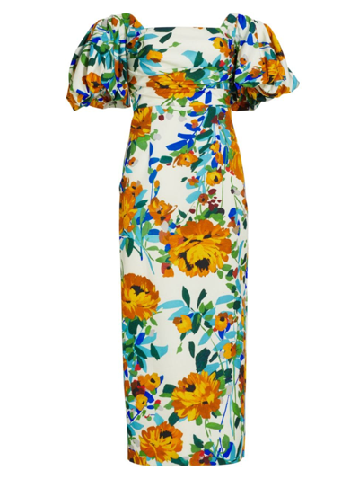 Lela Rose Floral Print Midi Dress With Puff Sleeves In Ivory Multi