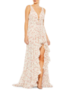 MAC DUGGAL WOMEN'S FLORAL V-NECK RUFFLED GOWN