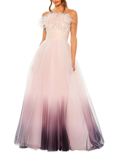 Mac Duggal Strapless Tulle Gown With Feather Accents In Pink Ombre