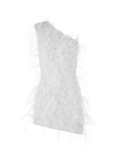 Retroféte Sina Feathered One-shoulder Asymmetric Mini Dress In White/silv