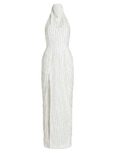 Sau Lee Women's Bonnie Sequined Fringe Mockneck Dress In White