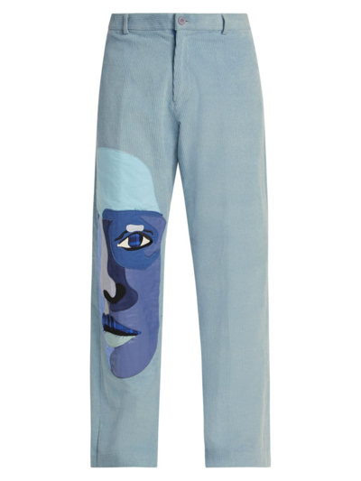 Kidsuper Face Abstract-print Tapered-leg Regular-fit Cotton-corduroy Trousers In Blue