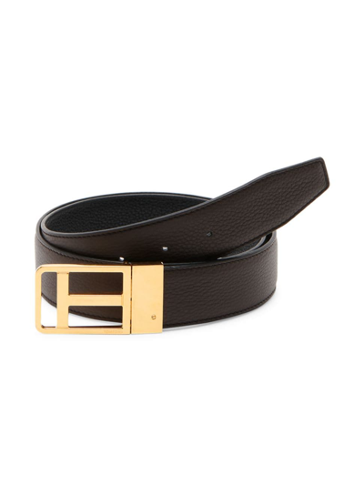 Tom Ford Men's Leather T Logo Belt In Brown Black