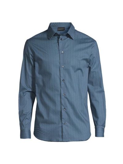 Emporio Armani Men's Geo Box Print Stretchy Sport Shirt In Solid Medium Blue