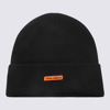Heron Preston Black Wool Beanie With Folded Cuff And Orange Label In Black