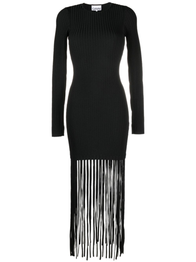 Ganni Melange-knit Fringe Midi Dress In Black