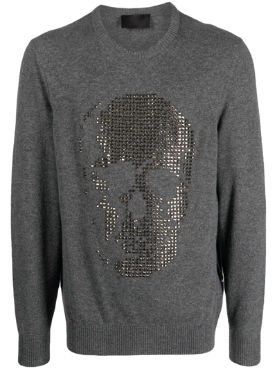 Philipp Plein Crystal-embellished Skull Cashmere Jumper In Grey