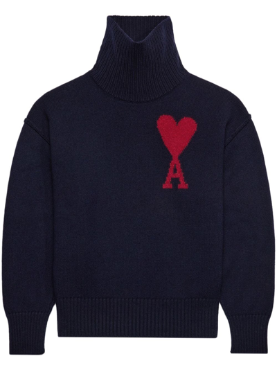 Ami Alexandre Mattiussi Ami De Coeur Wool Jumper In Night Blue/red