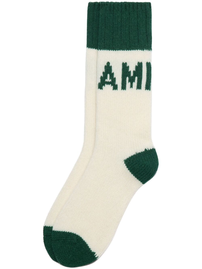 Ami Alexandre Mattiussi Logo-intarsia Knitted Socks In Bottle Green/312