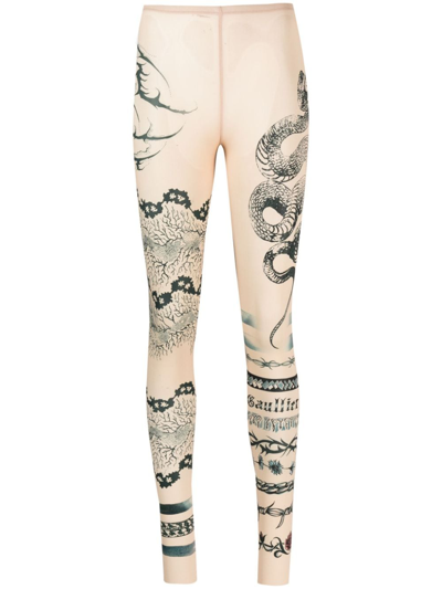 Jean Paul Gaultier Graphic-print Semi-sheer Leggings In Beige