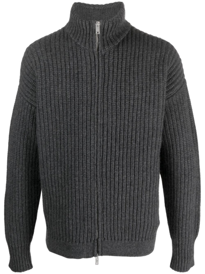 Emporio Armani Intarsia-knit Logo Wool Blend Cardigan In Grey