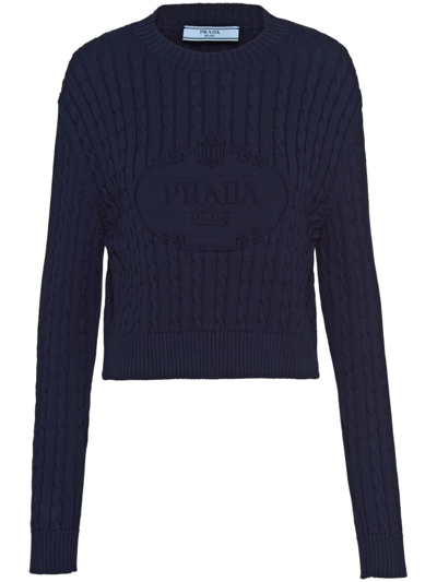 Prada Intarsia-logo Cropped Jumper In Blue