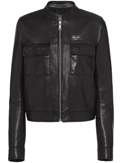 Prada Logo-patch Zip-up Leather Jacket In Black