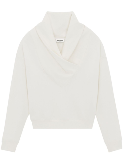 Saint Laurent Drape Neck Cotton Molleton Sweatshirt In Blanc
