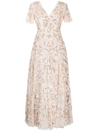 Needle & Thread Trailing Sequin-embellished Gown In Champagne