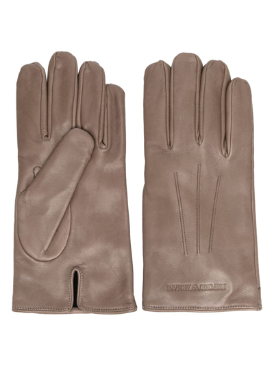 Emporio Armani Debossed-logo Leather Gloves In Grey