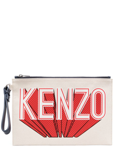 Kenzo Logo-print Canvas Clutch Bag In Neutrals