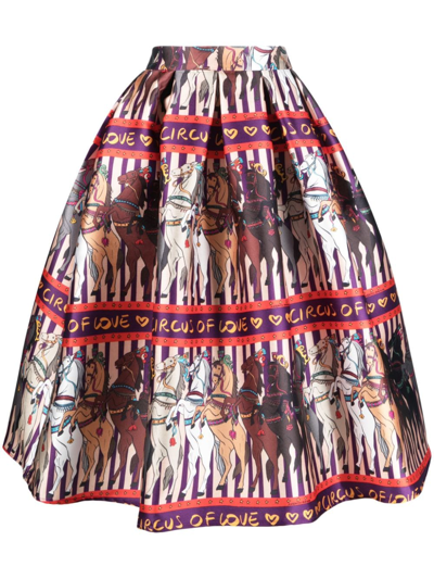 Alessandro Enriquez Horse Print Long Flared Skirt In Multicolor