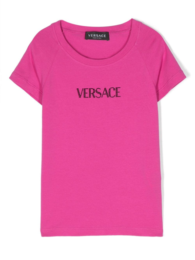 Versace Kids' Rhinestone-logo Short-sleeve T-shirt In Fucsia