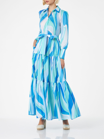 Mc2 Saint Barth Woman Long Dress With Wave Print In Blue