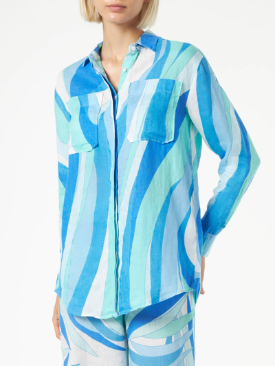 Mc2 Saint Barth Woman Linen Shirt With Waves In Blue