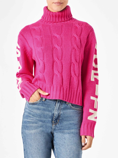 Mc2 Saint Barth Woman Fluo Pink Turtleneck Braided Jumper