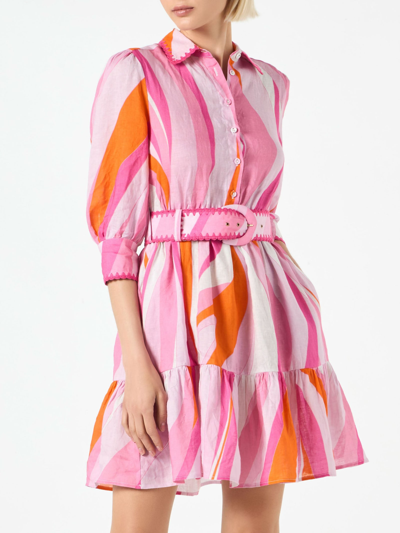 Mc2 Saint Barth Shape Wave Print Linen Short Dress In Pink