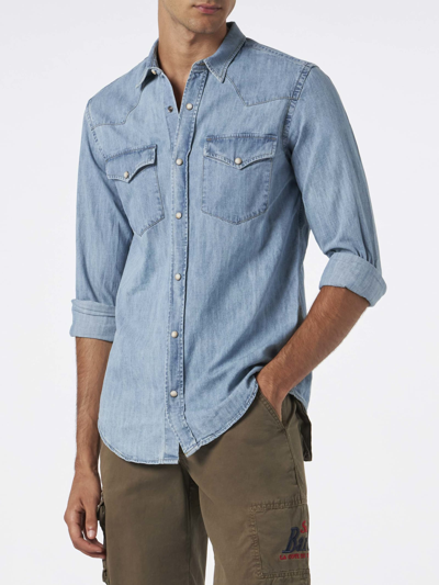 Mc2 Saint Barth Man Denim Cotton Shirt In Blue