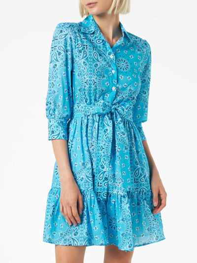 Mc2 Saint Barth Bandanna Print Cotton Short Dress With Embroideries In Sky