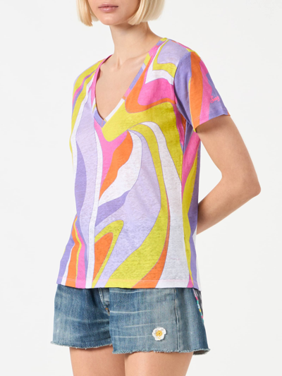 Mc2 Saint Barth Woman Linen T-shirt With Wave Print In Orange