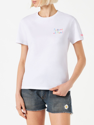 Mc2 Saint Barth Woman Cotton T-shirt With Portami Al Mare Embroidered In White