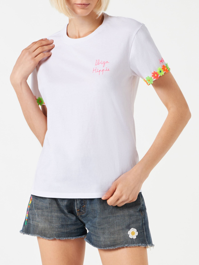 Mc2 Saint Barth Woman Cotton T-shirt With Ibiza Hippie Embroidered In White