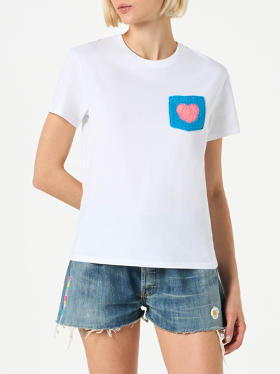 Mc2 Saint Barth Woman Cotton T-shirt With Heart Crochet Pocket In White